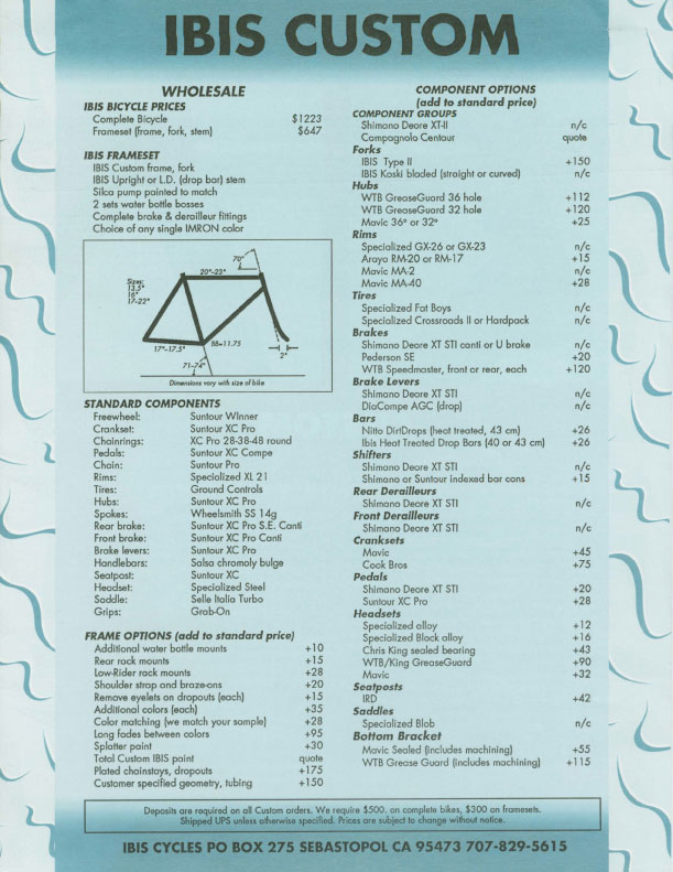Ibis 1989 Dealer Catalog - Custom pricing & specs