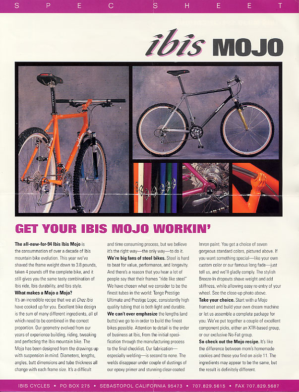 Ibis Mojo Spec Sheet 1994 - front